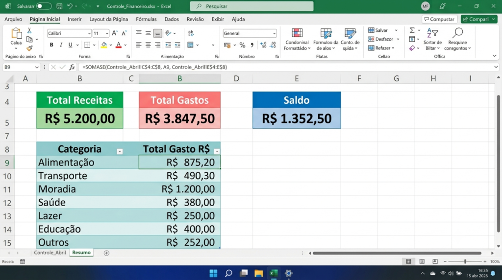 Aba Resumo da planilha controle de gastos Excel mostrando totais por categoria com fórmulas SOMASE e cards de receita, gasto e saldo.