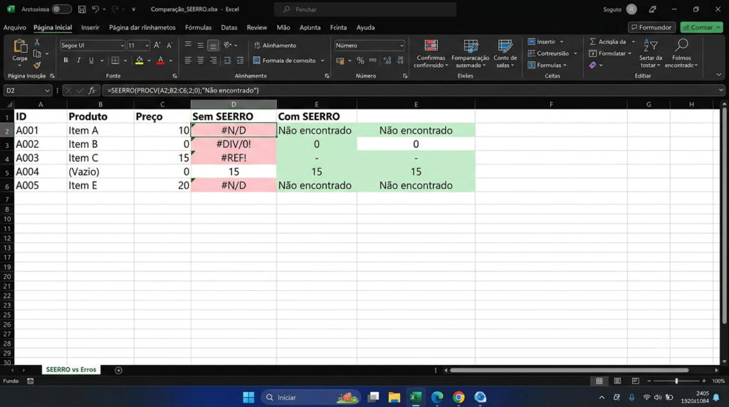 Comparação no Excel entre fórmula com e sem a função SEERRO Excel, exibindo erro #N/D à esquerda e mensagem "Não encontrado" à direita.