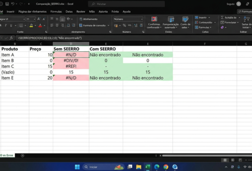 Comparação no Excel entre fórmula com e sem a função SEERRO Excel, exibindo erro #N/D à esquerda e mensagem "Não encontrado" à direita.