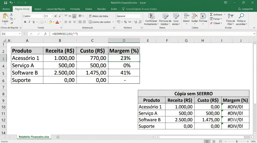 Planilha financeira no Excel usando função SEERRO no Excel para exibir valores limpos sem erros #DIV/0! na coluna de margem percentual.