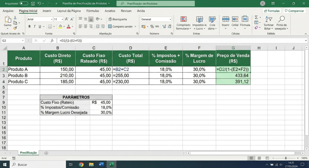 Planilha de precificação Excel com colunas de custo direto, custo fixo, margem e preço de venda calculado automaticamente