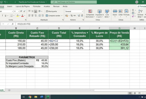 Planilha de precificação Excel com colunas de custo direto, custo fixo, margem e preço de venda calculado automaticamente
