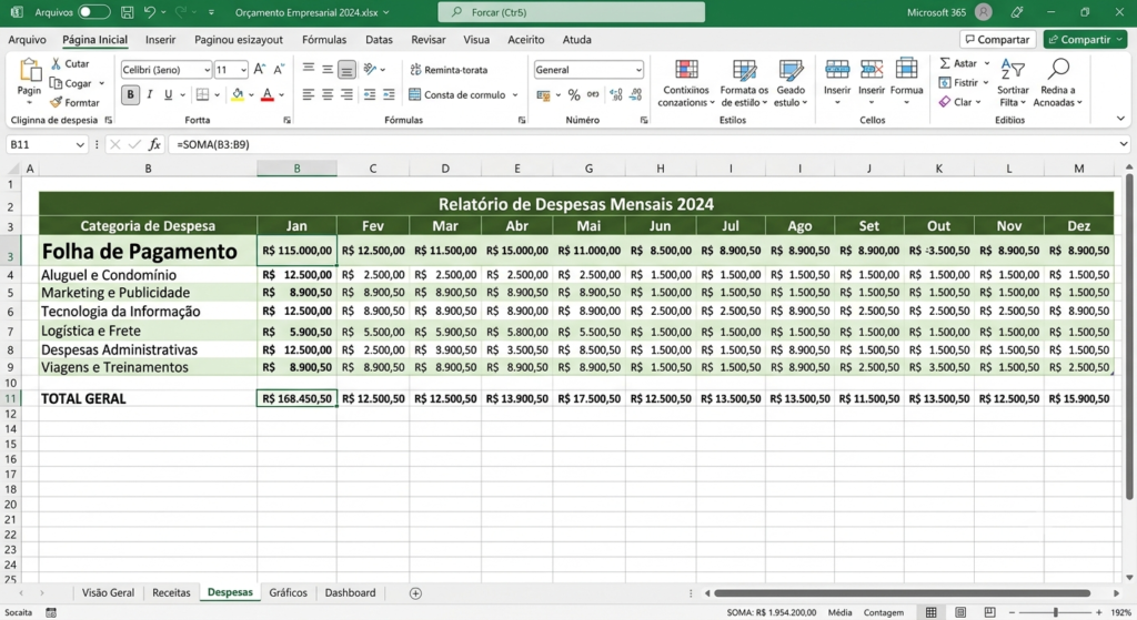 Aba de despesas de planilha de orçamento empresarial Excel com categorias mensais de janeiro a dezembro formatadas profissionalmente
