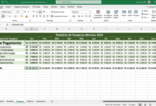 Aba de despesas de planilha de orçamento empresarial Excel com categorias mensais de janeiro a dezembro formatadas profissionalmente