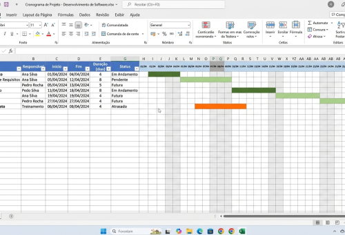 Estrutura base de cronograma de projetos no Excel com colunas de tarefa, responsável, datas e barras coloridas do Gráfico de Gantt