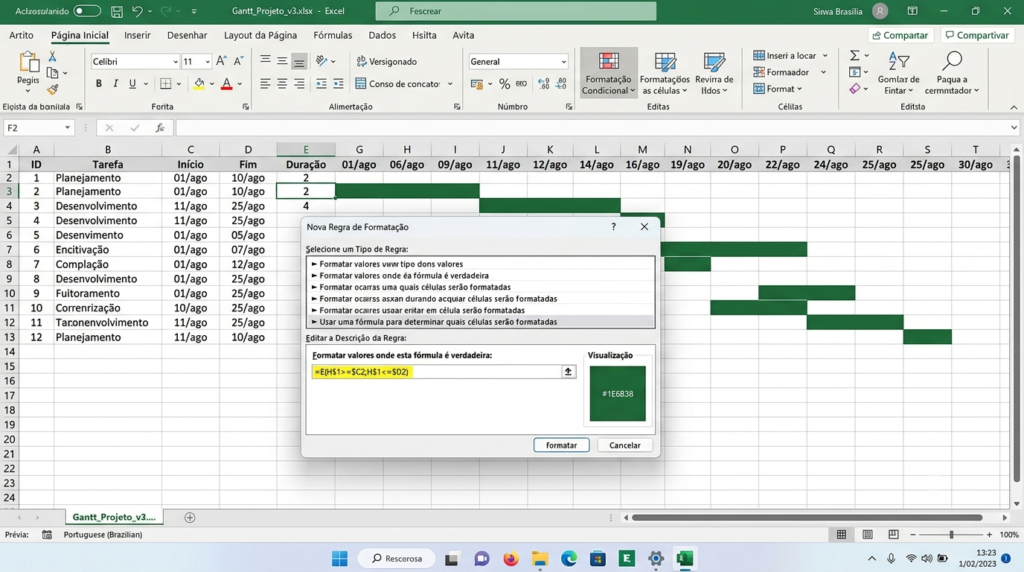 Janela de formatação condicional no Excel com fórmula configurada para criar cronograma de projeto no Excel no estilo Gráfico de Gantt