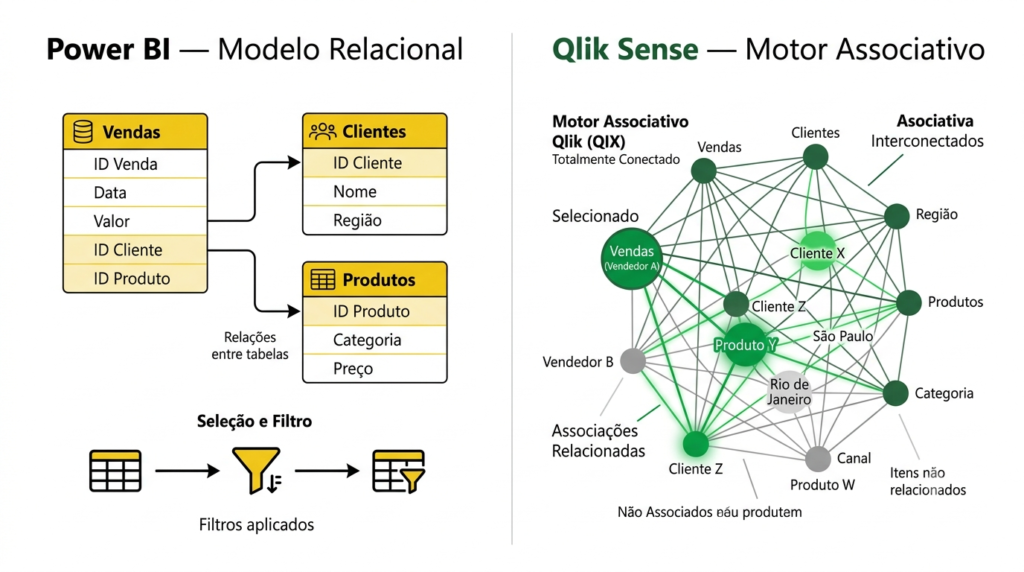 Infográfico comparando Power BI vs Qlik Sense mostrando o modelo relacional do Power BI e o motor associativo QIX Engine do Qlik Sense lado a lado