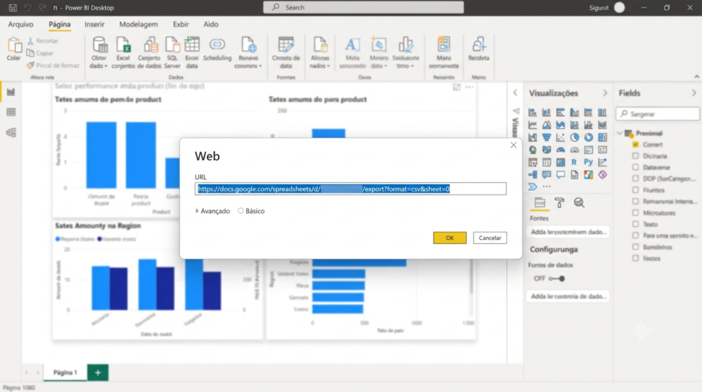 Diálogo "Obter Dados da Web" no Power BI Desktop com URL do Google Sheets no campo de conexão para conectar Power BI e Google Sheets