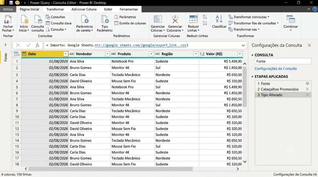 Power Query Editor no Power BI mostrando dados importados do Google Sheets via CSV após conectar Power BI e Google Sheets pelo método de exportação