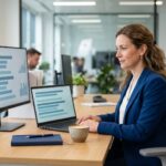Gestora financeira confere barras de orçamento no notebook e no monitor, em uma planilha de controle financeiro automatizada no Excel