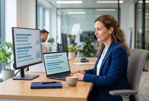 Gestora financeira confere barras de orçamento no notebook e no monitor, em uma planilha de controle financeiro automatizada no Excel