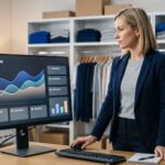 Gerente regional em um estoque de loja de roupas analisa no monitor um dashboard de KPIs para varejo em Excel com receita, custo de pessoal e fluxo de clientes