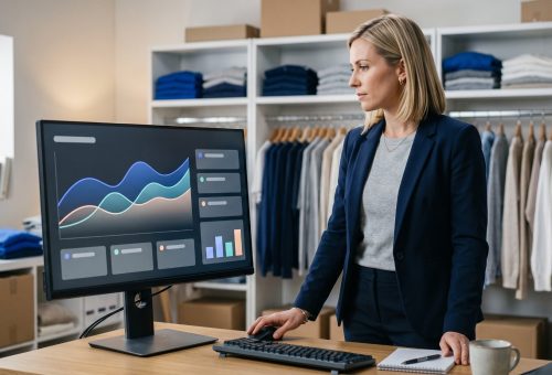Gerente regional em um estoque de loja de roupas analisa no monitor um dashboard de KPIs para varejo em Excel com receita, custo de pessoal e fluxo de clientes