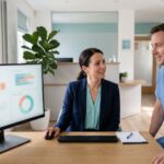 Gestora de clínica e profissional de saúde de uniforme hospitalar conversam sobre os números de um dashboard Power BI para clínicas no monitor do escritório