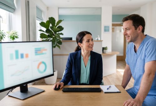Gestora de clínica e profissional de saúde de uniforme hospitalar conversam sobre os números de um dashboard Power BI para clínicas no monitor do escritório