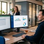 Gestor financeiro confere uma rotina em Excel e a DRE no Power BI em dois monitores, num escritório aberto