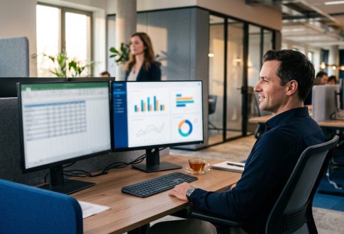 Gestor financeiro confere uma rotina em Excel e a DRE no Power BI em dois monitores, num escritório aberto
