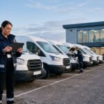 Coordenadora de frota registra a vistoria dos veículos em um tablet no pátio de vans, enquanto um mecânico examina o motor, na gestão de frota com Power Apps