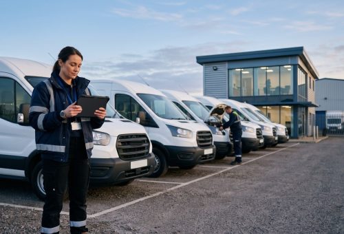 Coordenadora de frota registra a vistoria dos veículos em um tablet no pátio de vans, enquanto um mecânico examina o motor, na gestão de frota com Power Apps