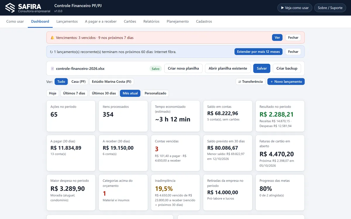 Tela da ferramenta Controle Financeiro PF/PJ