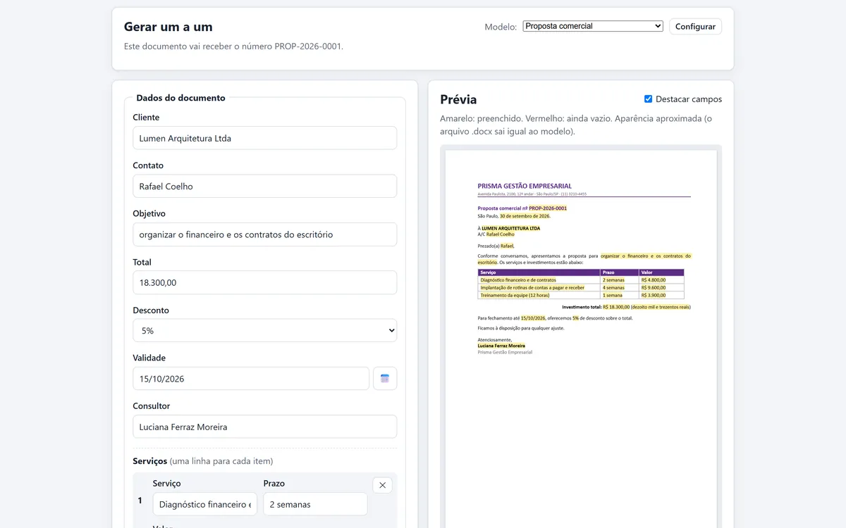 Tela da ferramenta Gerador de Documentos