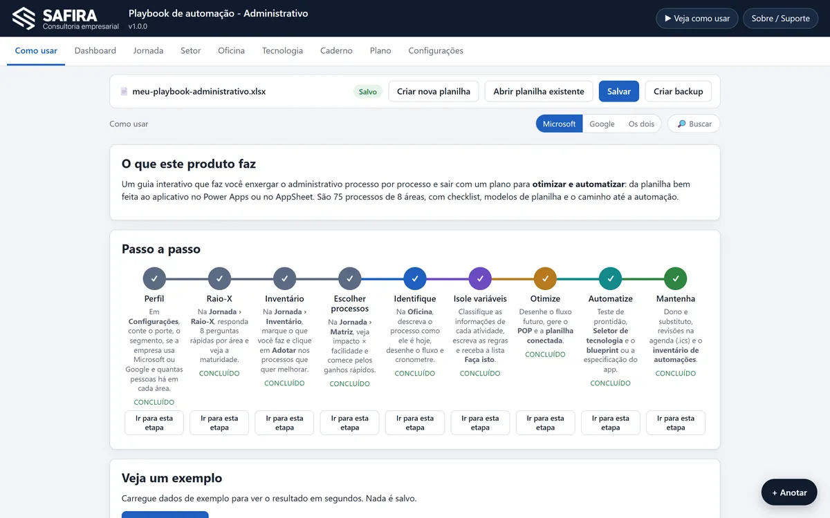 Tela da ferramenta Playbook Administrativo