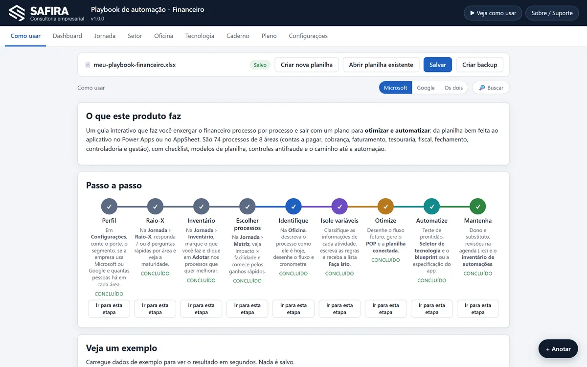 Tela da ferramenta Playbook Financeiro