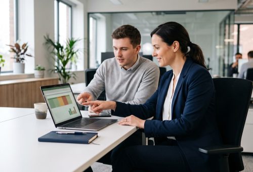 Gerente de vendas e analista financeiro apontam para uma planilha de comissão de vendas no notebook, em um escritório moderno