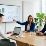 Equipe financeira analisa o painel de previsão da planilha de controle orçamentário numa tela de parede durante um fechamento de mês tranquilo