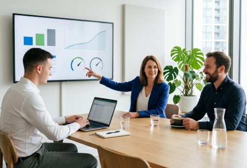 Equipe financeira analisa o painel de previsão da planilha de controle orçamentário numa tela de parede durante um fechamento de mês tranquilo